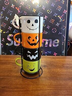 Rae Dunn 4 Halloween Stacked Ceramic Mugs New Witch Pumpkin Ghost